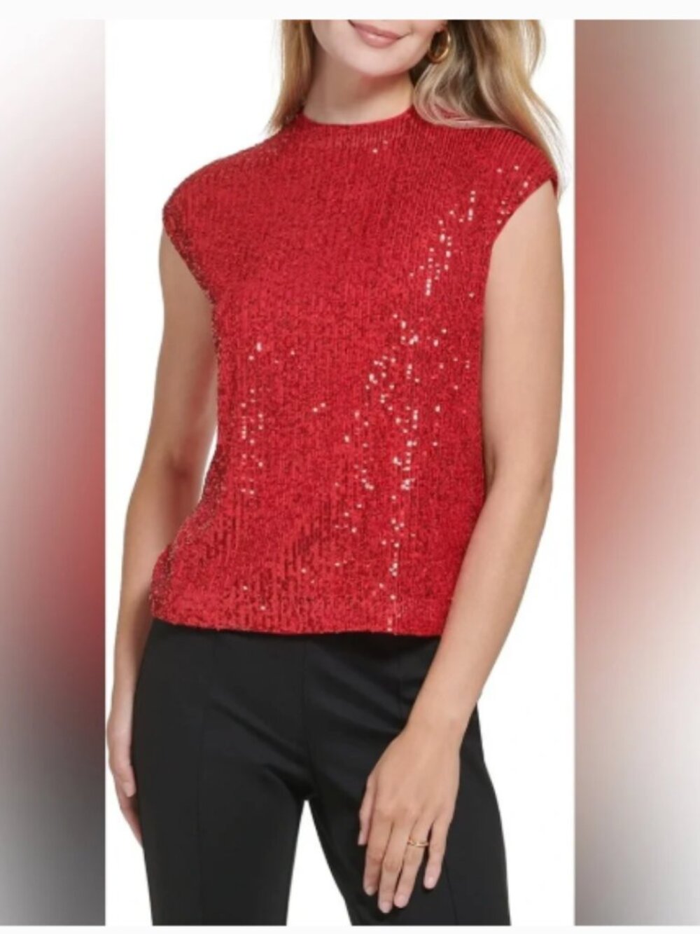 Calvin Klein Red Elegant Round Neckline Sparkly Sequin Sleeveless Blouse L